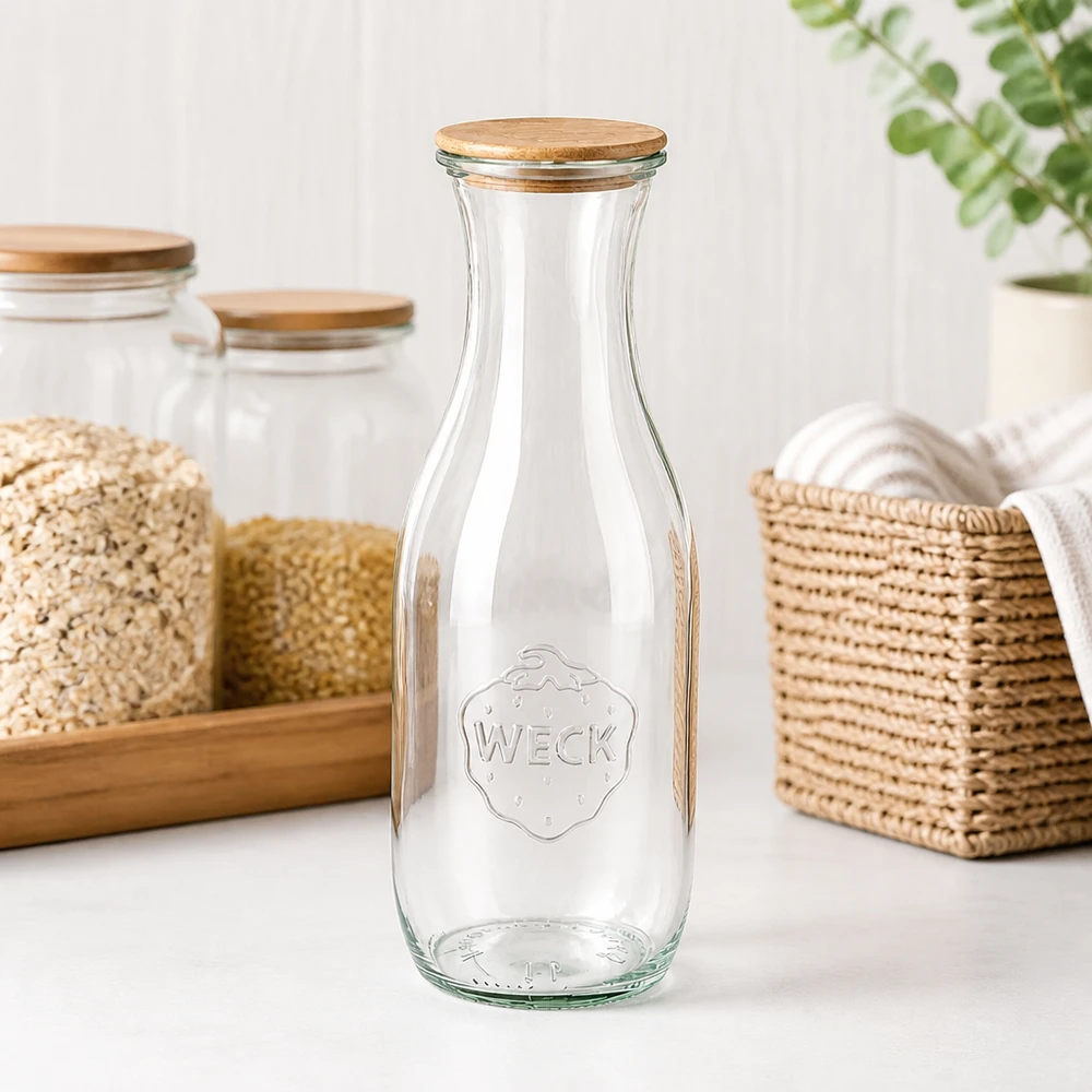Bottiglia di succo WECK 1062ml RR60 vuota con coperchio in legno sul bancone della cucina accanto a cestini e barattoli con cereali