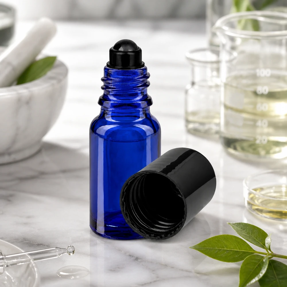 Flacone roll-on 10ml blu STD nero ApoGlas Flacone roll-on blu da 10 ml in vetro ApoGlas, aperto, con il tappo a vite nero rimosso, su una superficie di marmo