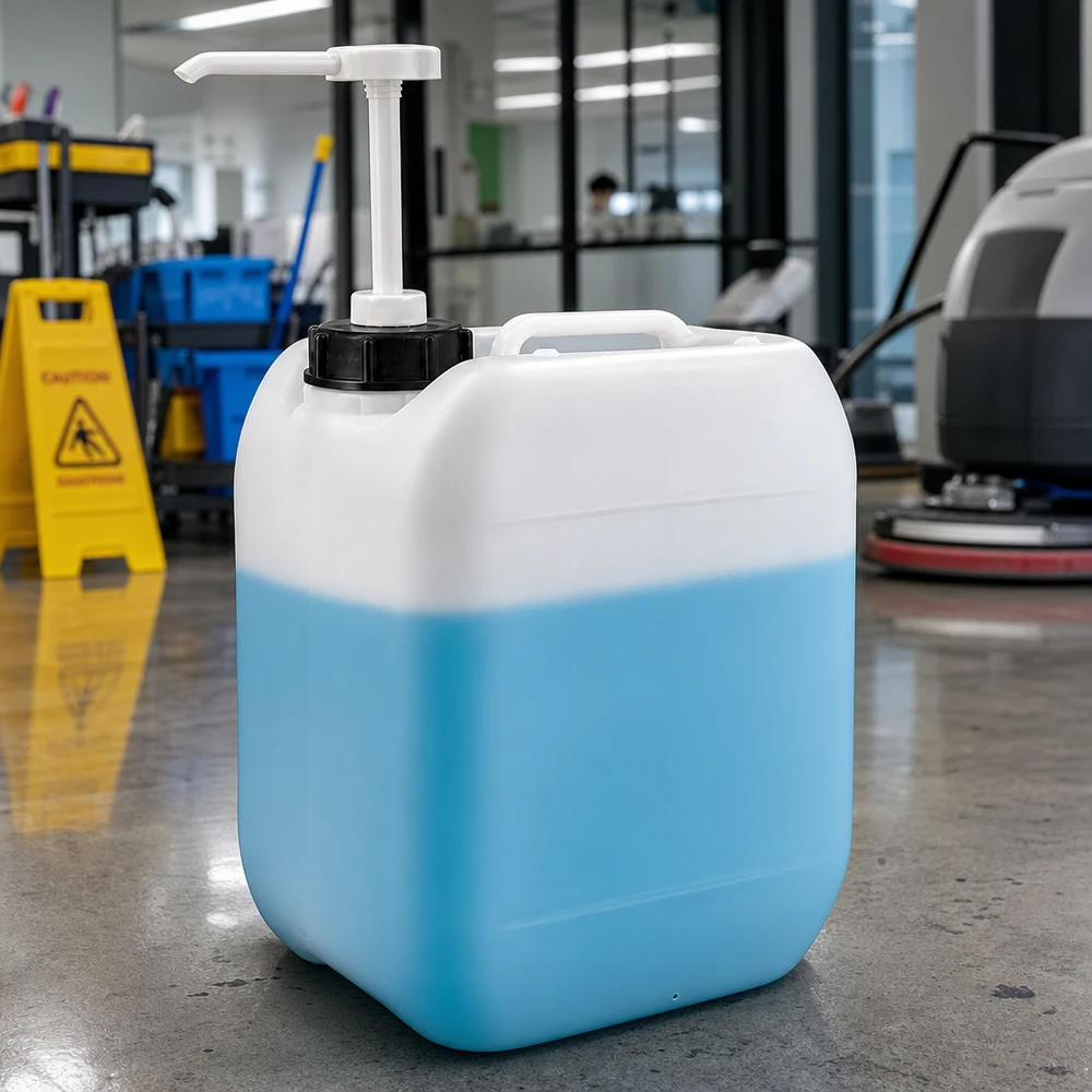 Tanica da 5 litri con pompa dosatrice Tanica Halbleerer da 5 litri contenente liquido detergente azzurro e pompa dosatrice nell'edificio degli uffici