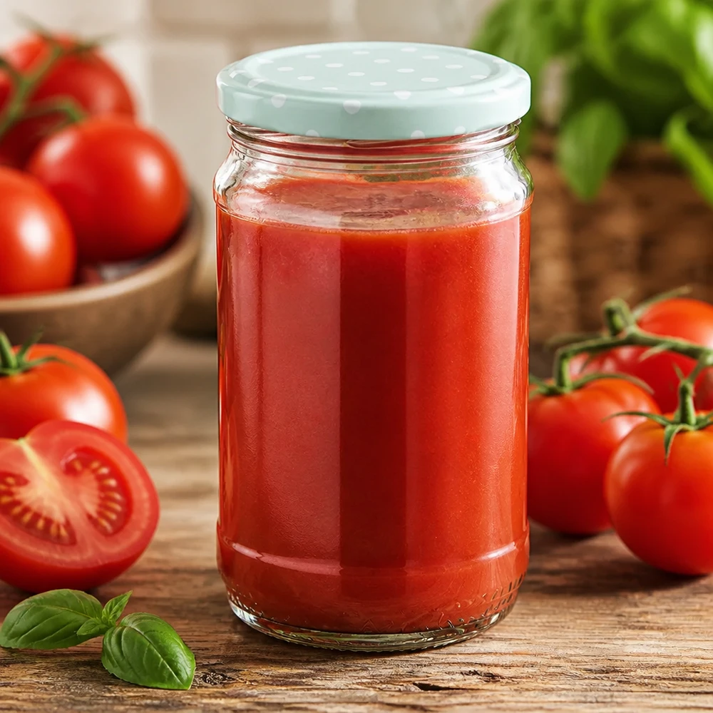 Vaso rotondo in vetro da 370 ml + BasicSeal a pois color menta opaco UNiTWIST Salsa di pomodoro fatta in casa in un barattolo di vetro rotondo UNiTWIST da 370 ml con coperchio BasicSeal verde menta a pois