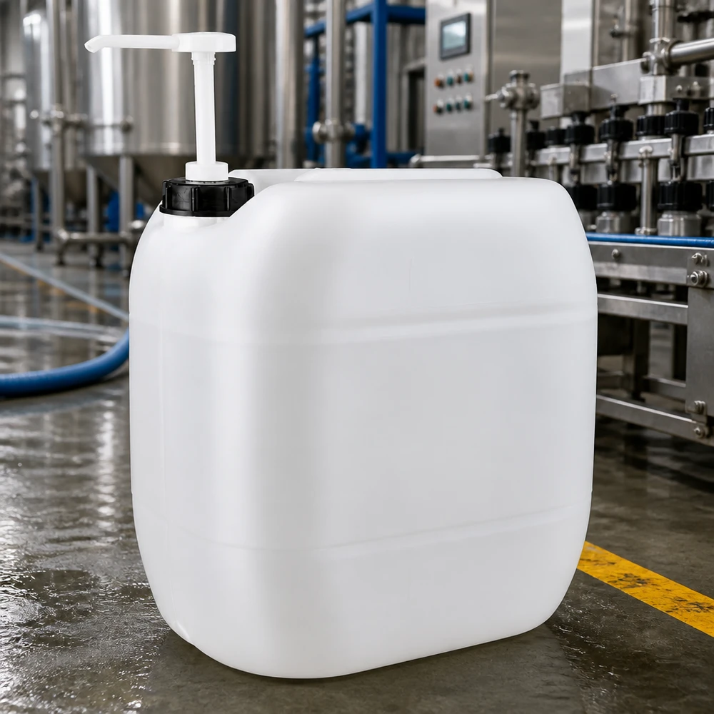 Tanica da 30 litri con pompa dosatrice Grande tanica industriale bianca da 30 litri con erogatore a pompa nel capannone di produzione