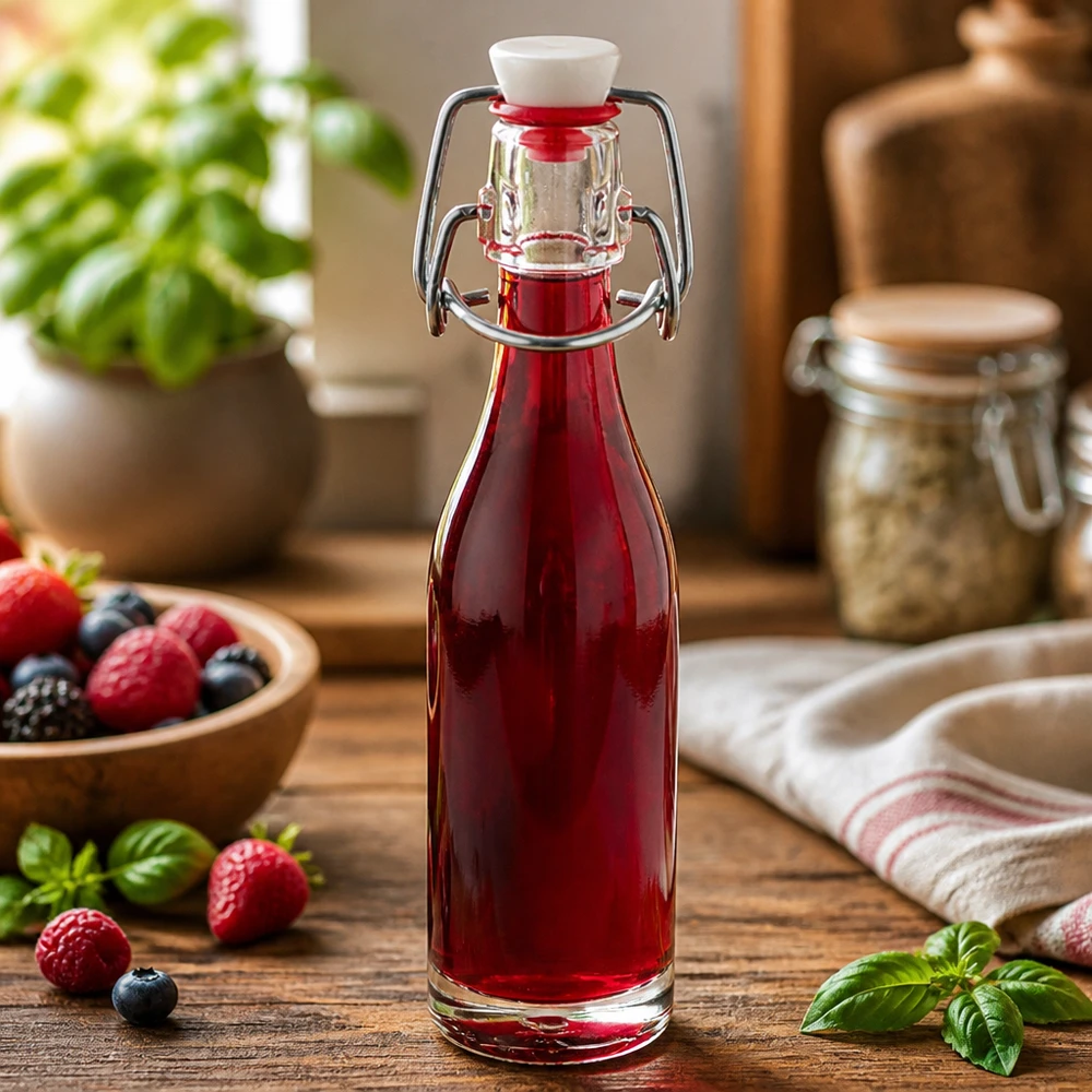 Bottiglia in vetro da 50 ml + tappo girevole in PVC UNiTWIST Bottiglia di vetro da 50 ml con tappo girevole, riempita con succo di bacche rosse circondato da fragole e mirtilli freschi.