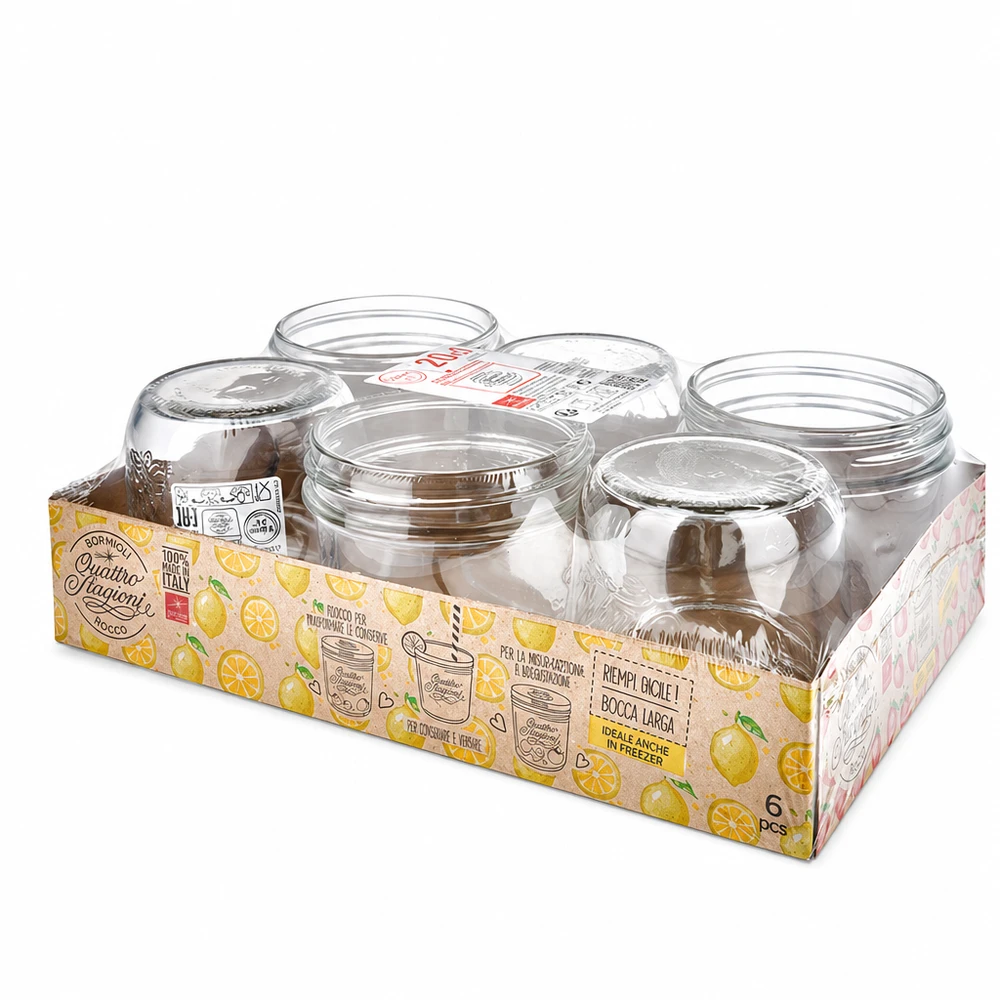 Set di 6 barattoli Quattro Stagioni da 200 ml con coperchio in confezione di vendita per la conservazione e lo stoccaggio