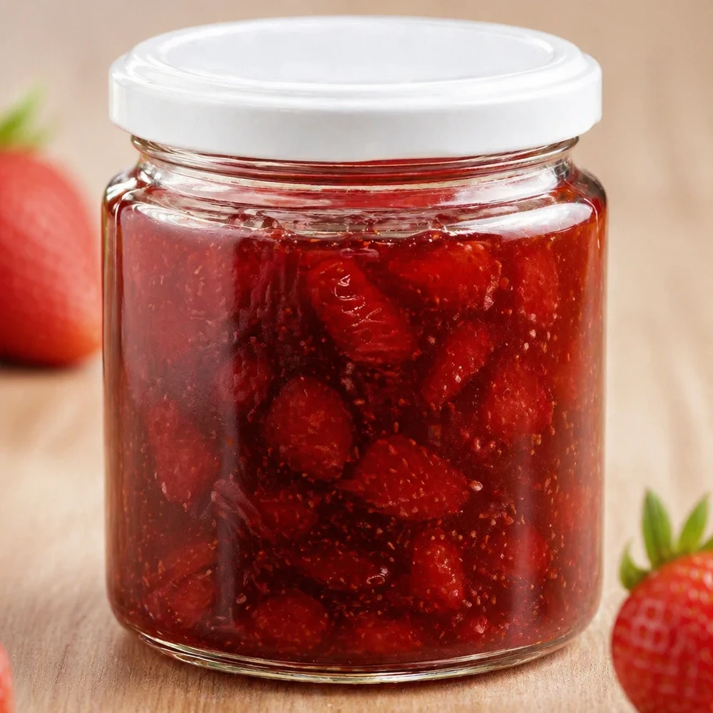 Vasetto per miele da 350 g con capsula bianca BasicSeal UNiTWIST Vasetto di miele da 250 ml con coperchio bianco UNiTWIST riempito di marmellata di fragole rosse accanto a fragole fresche