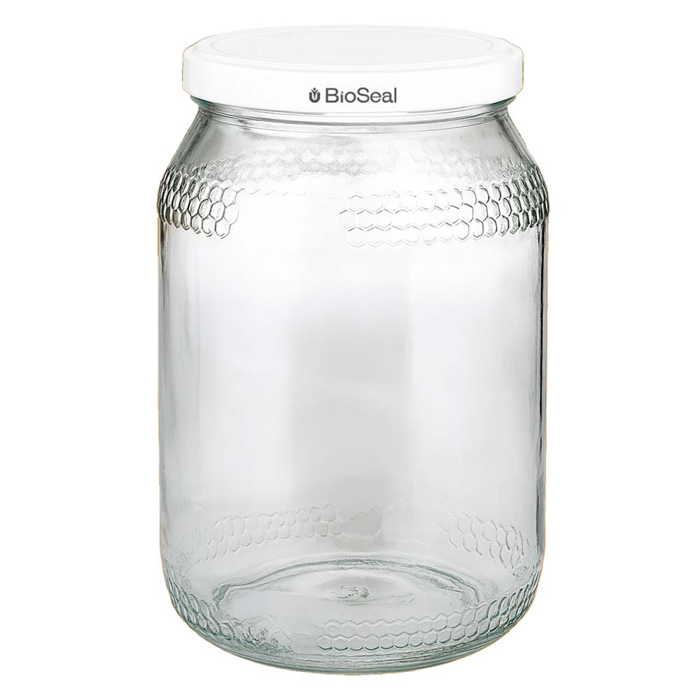 Vasetto per miele da 1260 g con capsula bianca BioSeal UNiTWIST Vasetto da 900 ml con coperchio BioSeal bianco UNiTWIST vasetto di vetro vuoto per miele con motivo a nido d'ape
