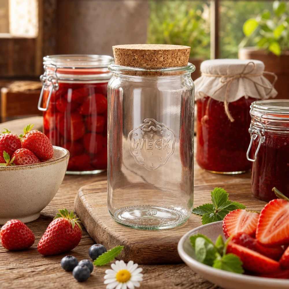 Vaso cilindrico da 340 ml WECK RR60 con tappo in sughero naturale WECK 340ml vaso cilindrico RR60 con tappo in sughero naturale in ambiente cucina decorato con fragole fresche e barattoli da conserva