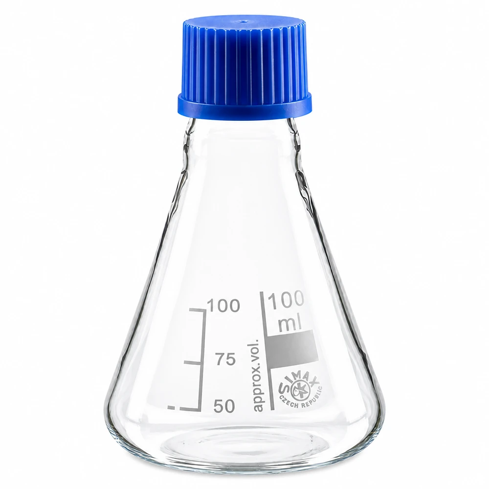 Piccola beuta da 100 ml ideale per laboratori scolastici e di ricerca con tappo a vite