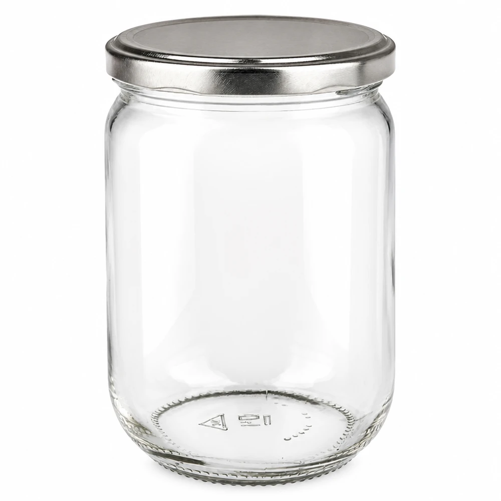 Vaso rotondo in vetro da 555 ml + coperchio BasicSeal argento UNiTWIST Barattolo trasparente da 555 ml con coperchio BasicSeal argentato, ideale per la conservazione dei cibi