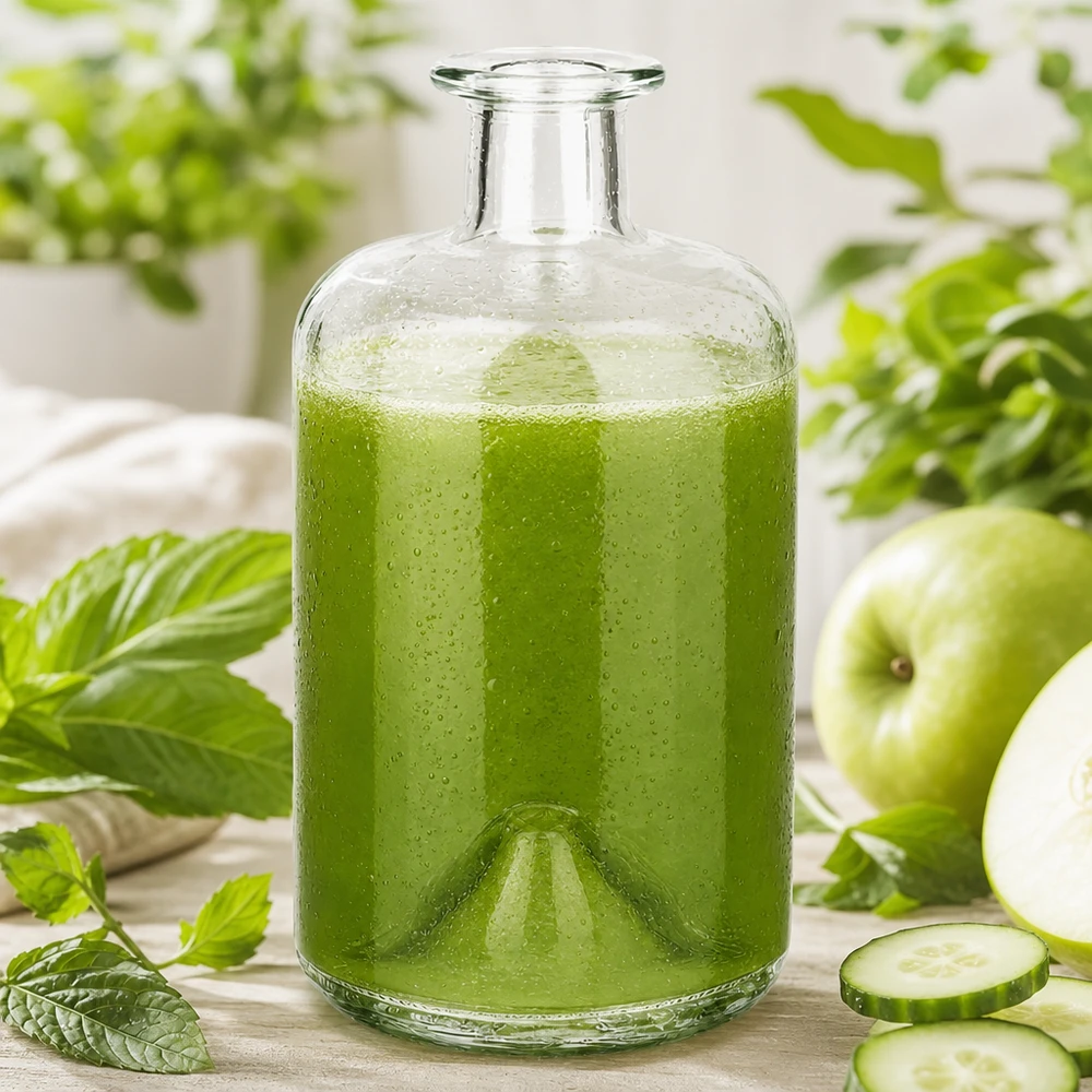 Flacone farmaceutico da 500 ml 500ml Glasflasche "Sofia" ohne Verschluss UNiTWIST senza tappo UNiTWIST® 500ml bottiglia di vetro Sofia riempito con verde frullato cetriolo mela menta detox bevanda apothecary bottiglia cucina