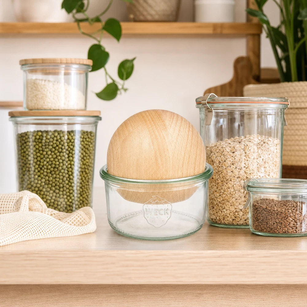Bicchieri WECK 165ml RR80 con coperchi a sfera in faggio in cucine sostenibili a rifiuti zero accanto a contenitori di stoccaggio