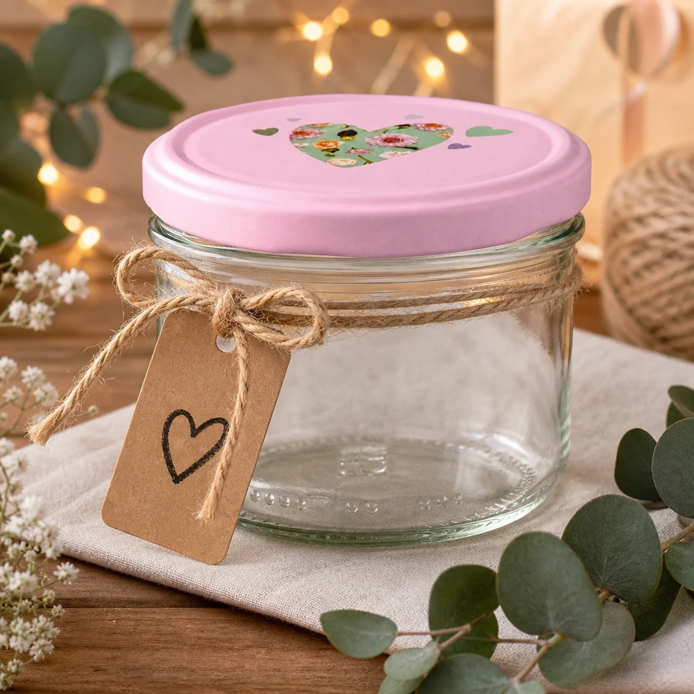 Barattolo cilindrico da 230 ml + coperchio BasicSeal rosa cuore Barattolo cilindrico da 230 ml con coperchio a cuore rosa, decorato con nastro di iuta, ciondolo ed eucalipto come idea regalo