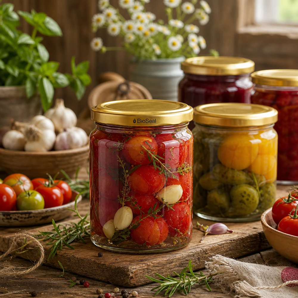 UNiTWIST Runda408 con coperchio dorato. Coperchio TO82 BioSeal Barattolo UNiTWIST Runda408 con coperchio TO82 BioSeal per la conservazione di pomodori e verdure in una cucina rustica