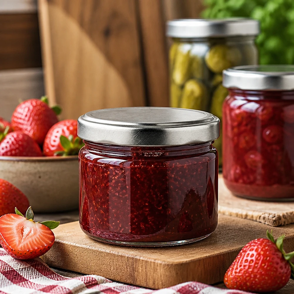 Vaso rotondo da 540 ml + coperchio BasicSeal argento opaco UNiTWIST. Vaso rotondo da 540 ml con coperchio d'argento per marmellata e confettura, vaso da conserva con fragole su un tavolo di legno