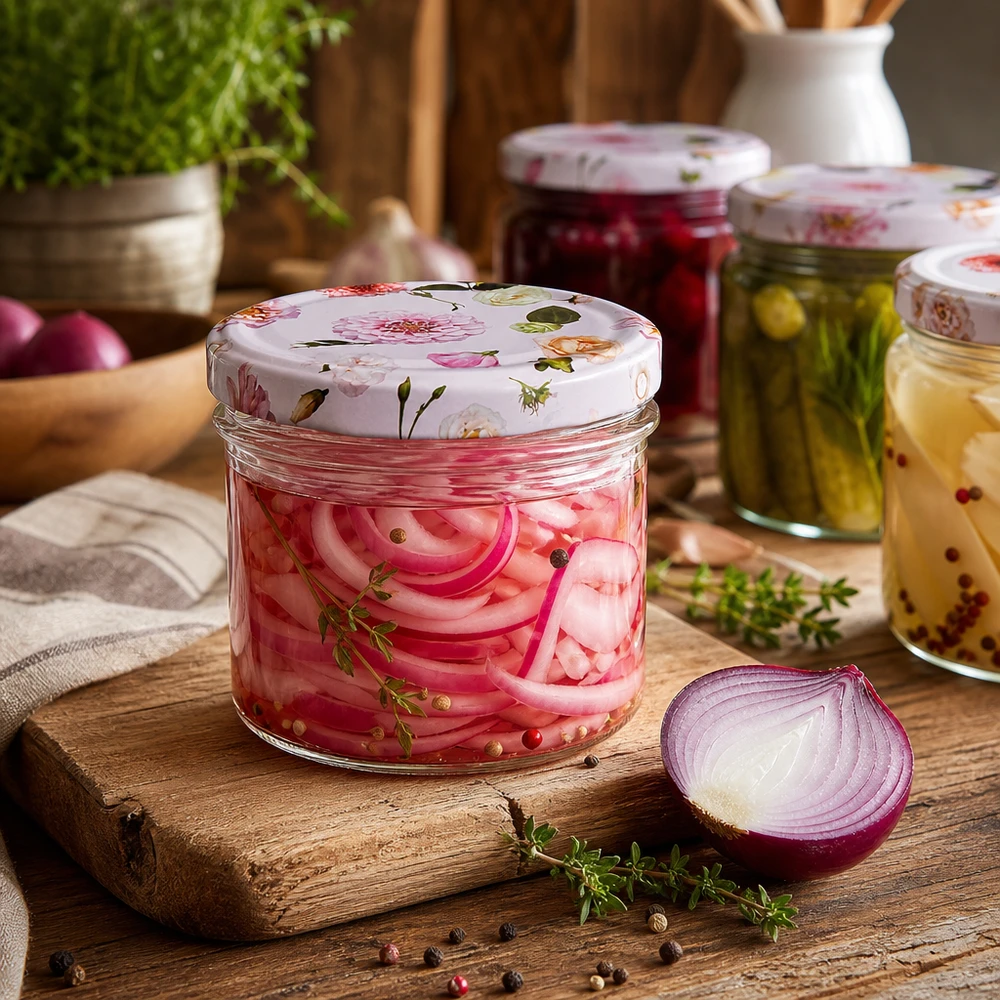 Barattolo di vetro da 225 ml + coperchio BasicSeal rosa UN... Cipolle rosse sottaceto in tumbler da 225 ml con coperchio BasicSeal a fiori rosa - fermentazione e conservazione delle verdure