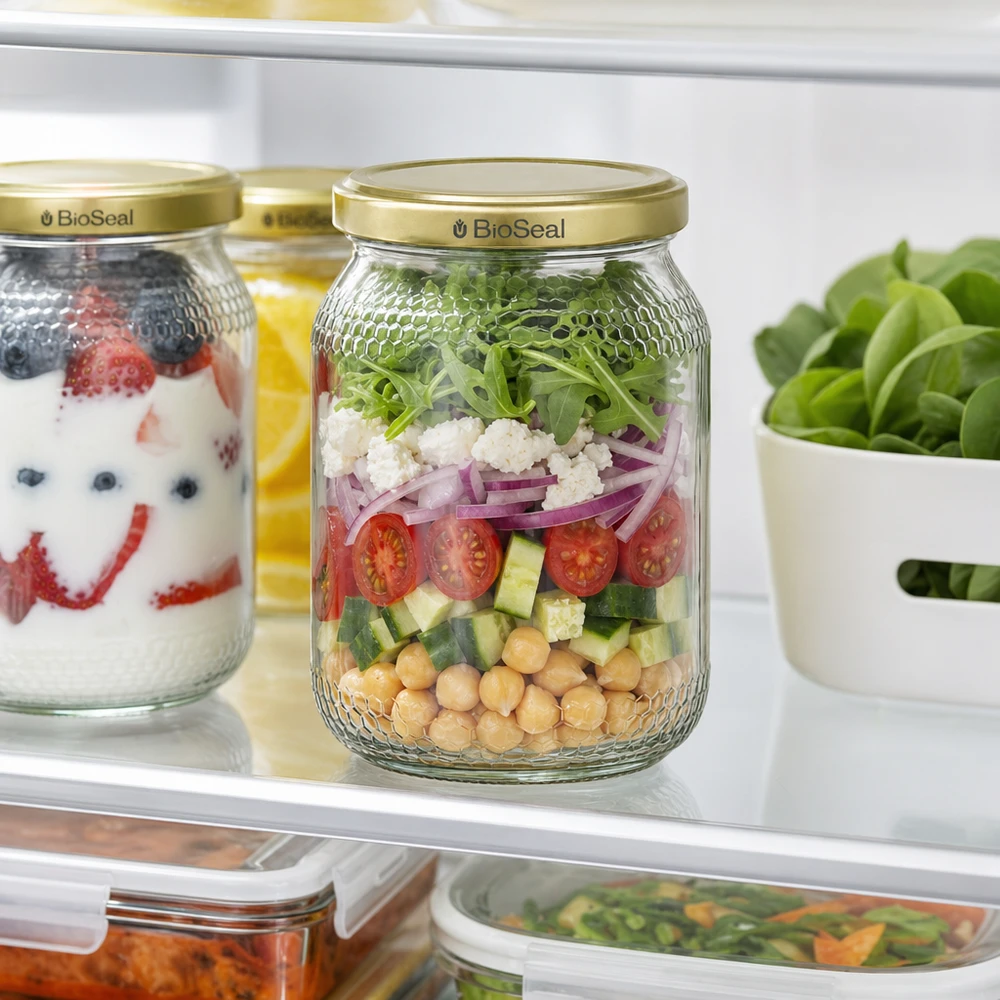 Vasetto per miele da 1260 g con capsula dorata BioSeal UNiTWIST 900ml barattolo di miele BioSeal coperchio oro frigorifero Meal Prep insalata strato barattolo ceci pomodori conservazione