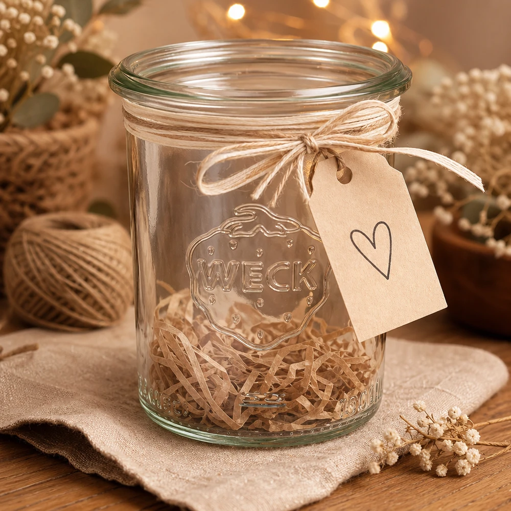 Bicchieri da 160 ml WECK RR60 con ciondolo a cuore e cordoncino di rafia decorati come confezione regalo su un tavolo di legno