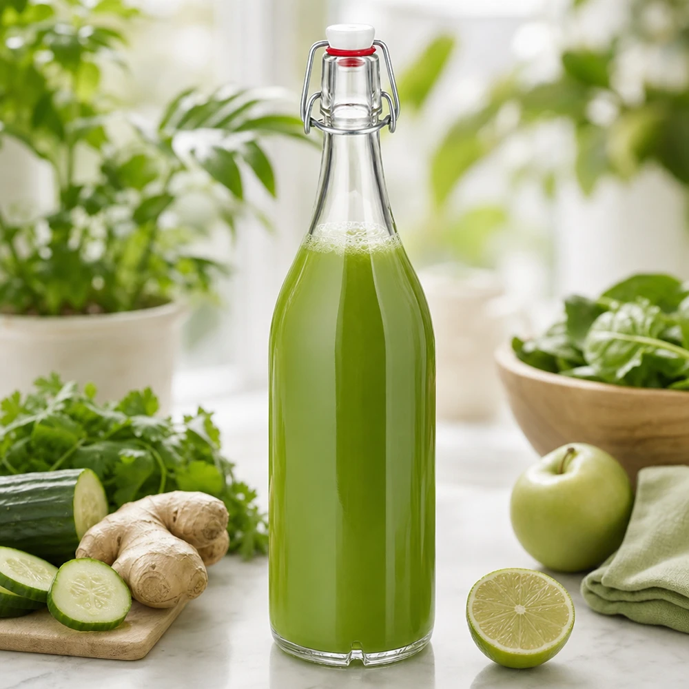 Bottiglia di vetro da 1000 ml con tappo oscillante riempita di succo verde circondato da ingredienti freschi come il cetriolo e lo zenzero.