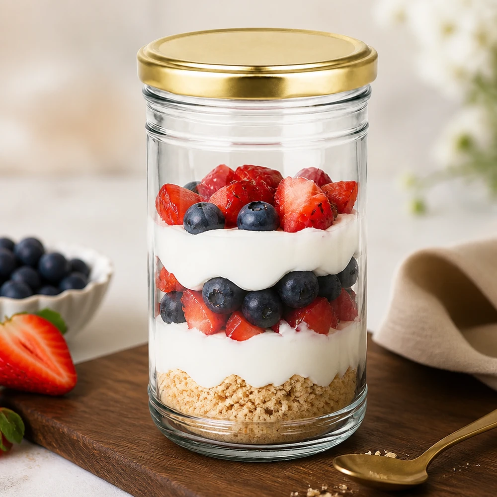 Bicchieri da 1053 ml con coperchio BasicSeal oro UN... Dessert a strati con frutti di bosco e yogurt in un vasetto di vetro da 1053 ml con coperchio dorato come idea di dessert salutare