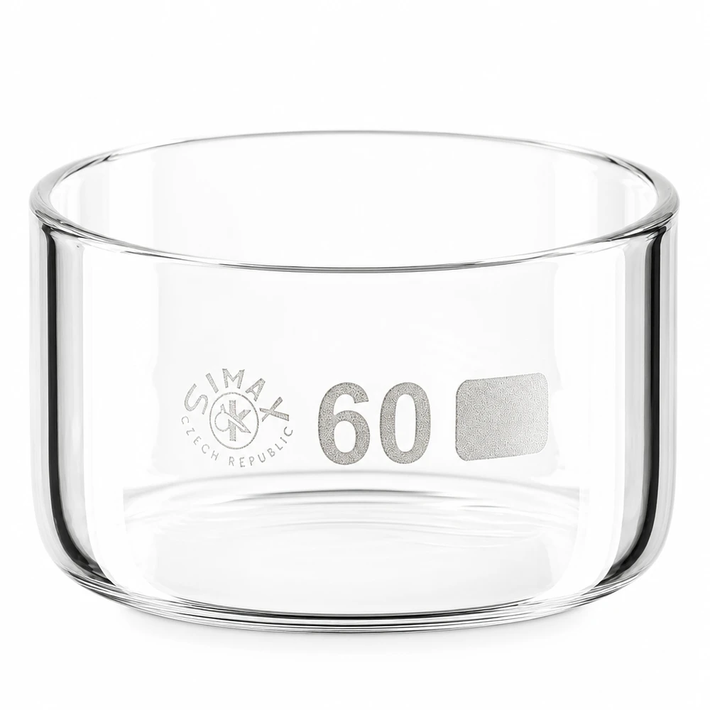 Bicchiere per cristallizzazione da 60 ml senza beccuccio Bo.. ø60mm Vaschetta di cristallizzazione Simax da 60 ml in vetro borosilicato, senza beccuccio, di forma cilindrica