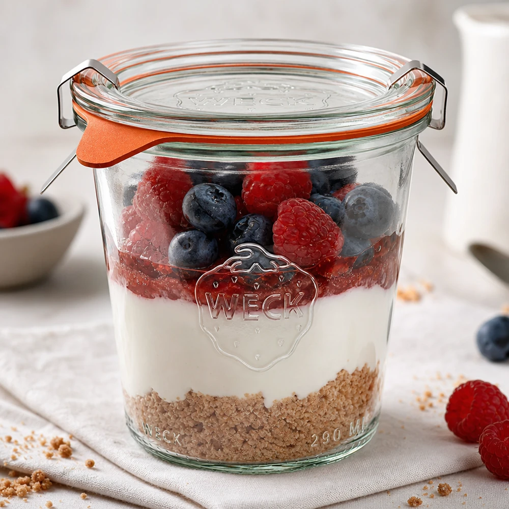 WECK tumbler 290ml RR80 come vasetto da dessert con yogurt, bacche e muesli a strati su una superficie bianca