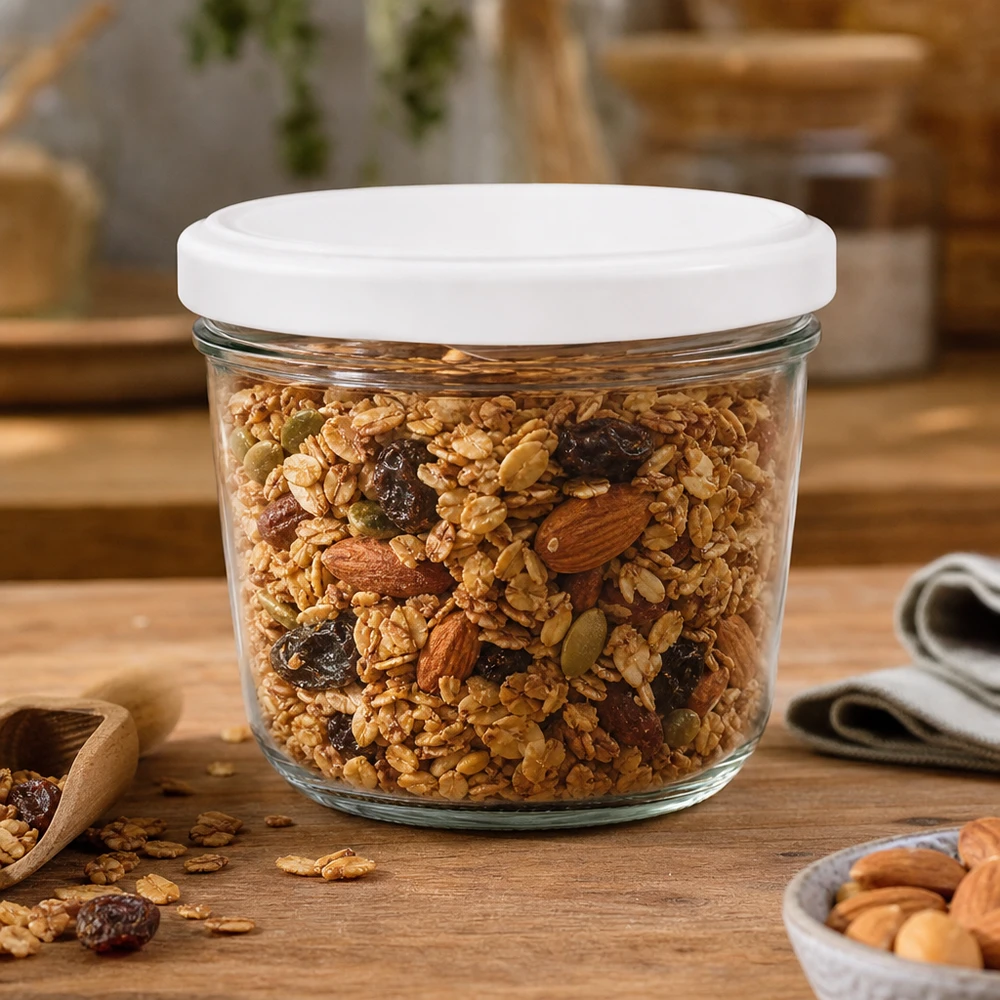 Bicchieri da 230 ml con coperchio BasicSeal bianco UNiTWIST Barattolo da 230 ml con coperchio BasicSeal riempito con muesli e noci, perfetto per la conservazione di alimenti secchi.