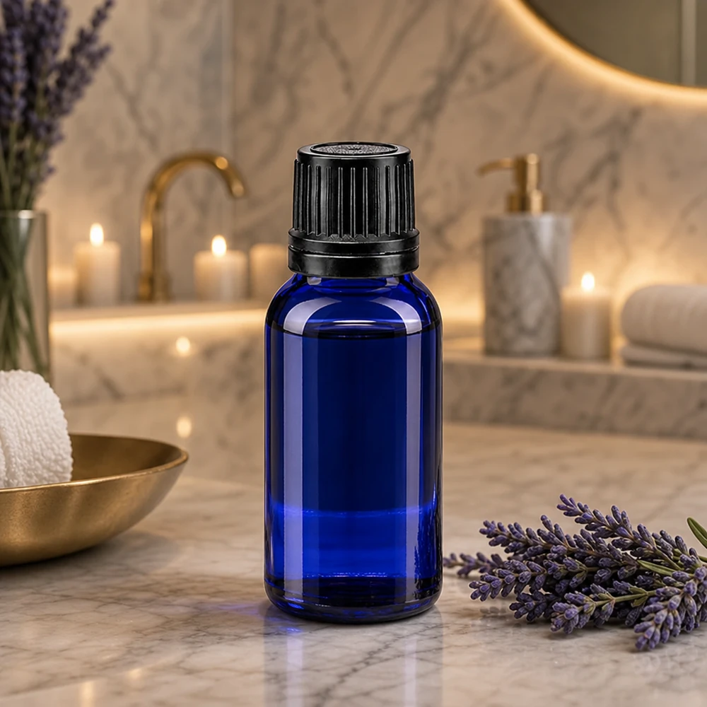 Flacone contagocce blu da 10ml OV nero/1mm ApoGlas Bottiglia di vetro blu da 10 ml con tappo di sicurezza nero su una superficie di marmo accanto a fiori di lavanda