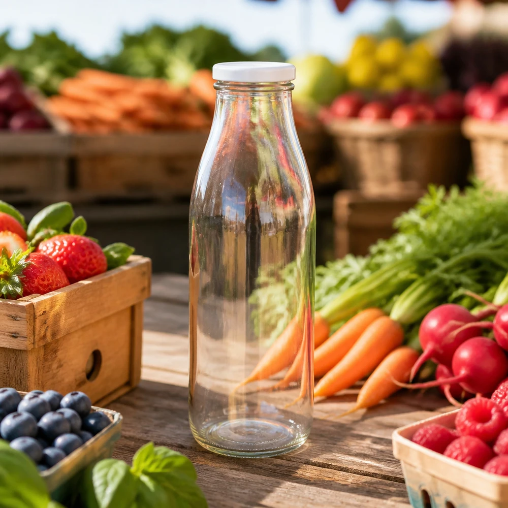 Bottiglia di vetro da 500 ml + coperchio BasicSeal bianco UN.. Bottiglia di vetro da 500 ml con coperchio BasicSeal sul tavolo di legno tra la frutta e la verdura fresche del banco del mercato
