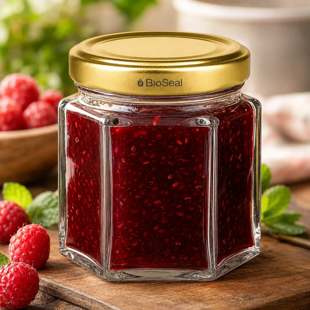 Vasetto per miele da 60 g con capsula dorata BioSeal UNiTWIST Vasetto esagonale di miele da 60 g di BioSeal con marmellata di lamponi rossi su una tavola di legno decorata con lamponi freschi