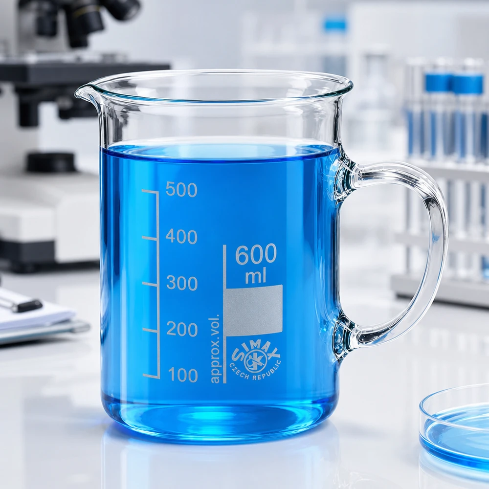 Bicchiere da 600 ml in vetro borosilicato, con manico Becher da laboratorio trasparente da 600 ml con manico, riempito di liquido blu, in laboratorio