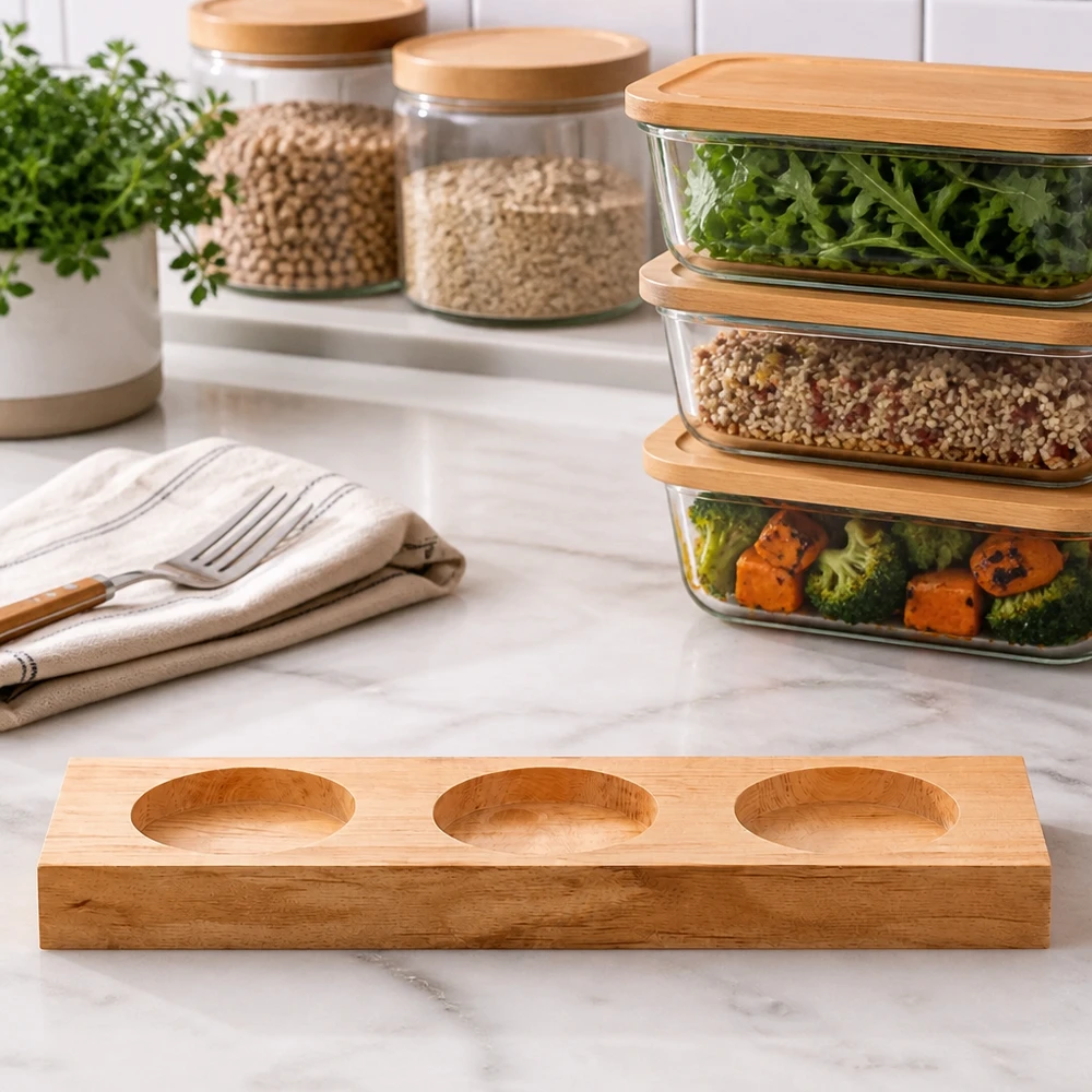 Tavola da portata in bambù Plano3 su bancone in marmo in una cucina moderna con contenitori per la preparazione dei pasti e barattoli di conservazione
