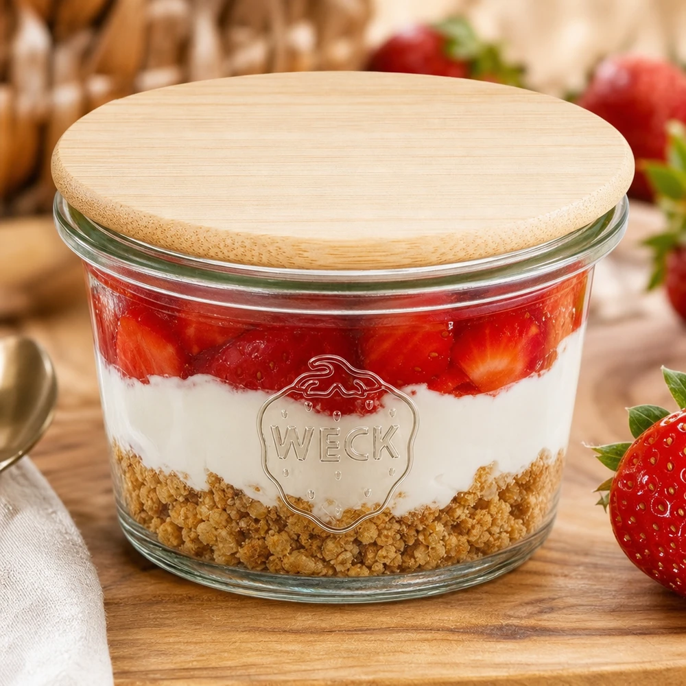 Mini tumbler WECK RR40 da 35 ml con coperchio in legno WECK mini mason jar 35ml RR40 con coperchio in legno di bambù riempito con dessert a strati di fragole su tavola di legno con fragole fresche