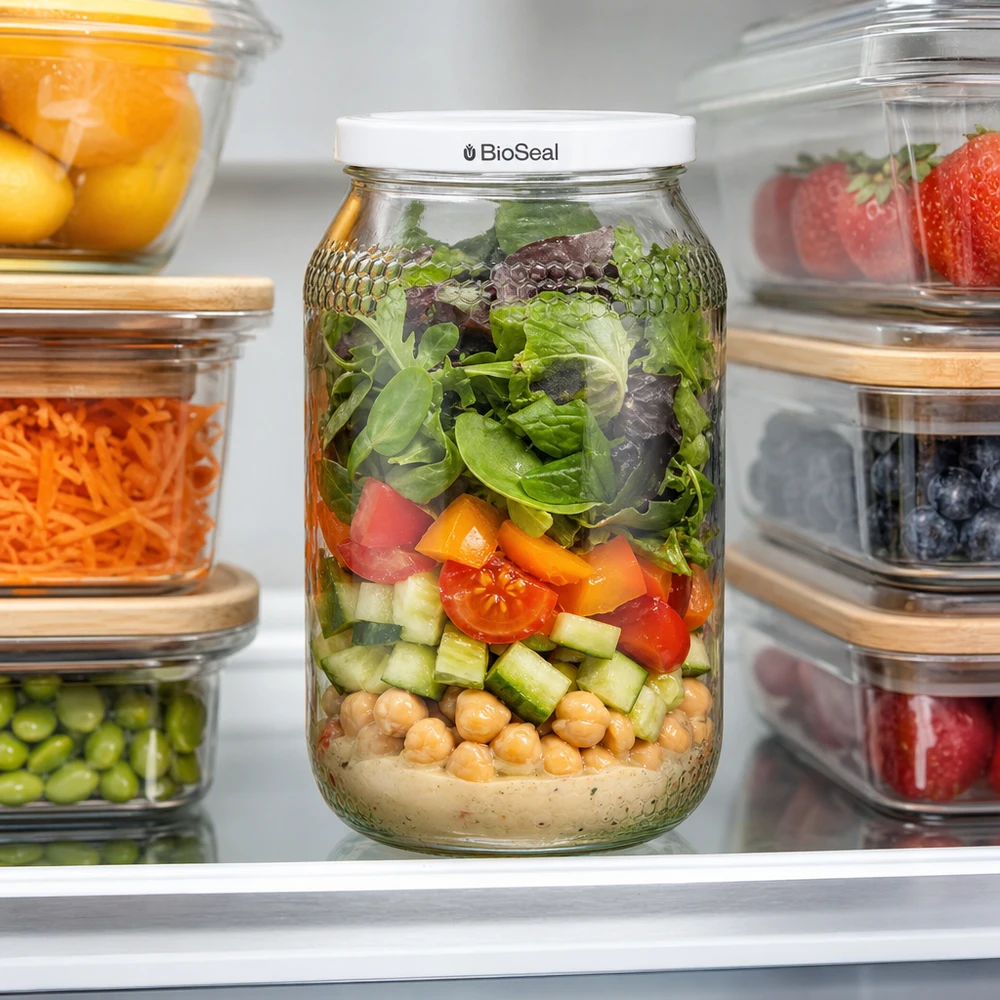 Vasetto per miele da 1260 g con capsula bianca BioSeal UNiTWIST Barattolo del miele da 900 ml con coperchio BioSeal come contenitore per la preparazione dei pasti nel frigorifero, pieno di insalata, ceci e verdure.