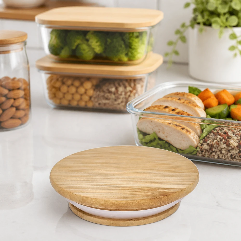 Coperchio in legno RR60 per i vasetti WECK nell'ambiente cucina con contenitori per la preparazione dei pasti e alimenti sani