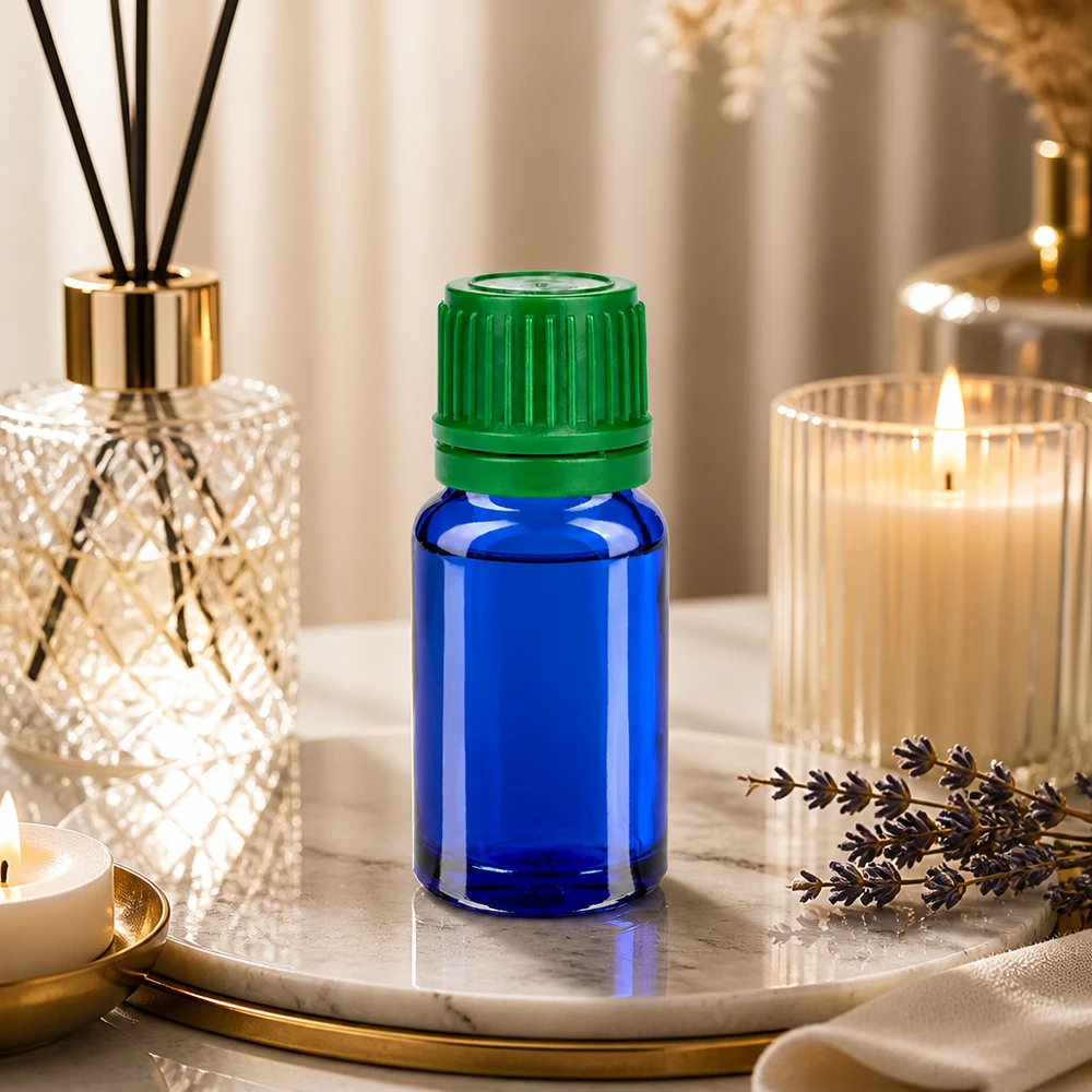 Flacone da 10ml 11mm SV verde OV BlueLine UT18/10 Elegante flacone in vetro blu da 10 ml con tappo a vite, perfetto per le applicazioni di aromaterapia