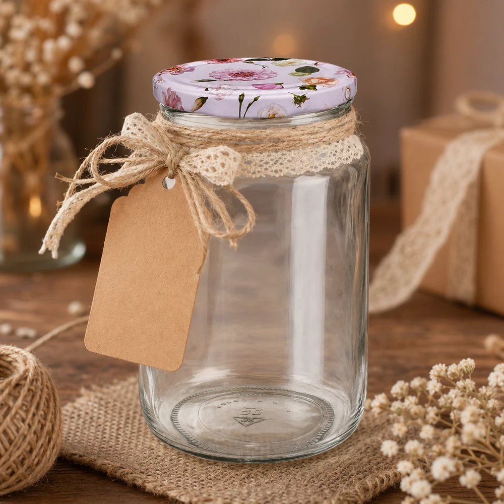 Barattolo rotondo da 795 ml + coperchio BasicSeal rosa fiore UNiTWIST Barattolo rotondo da 795 ml vuoto con coperchio BasicSeal fiori rosa decorazione rustica corda di iuta etichetta in carta kraft confezione regalo