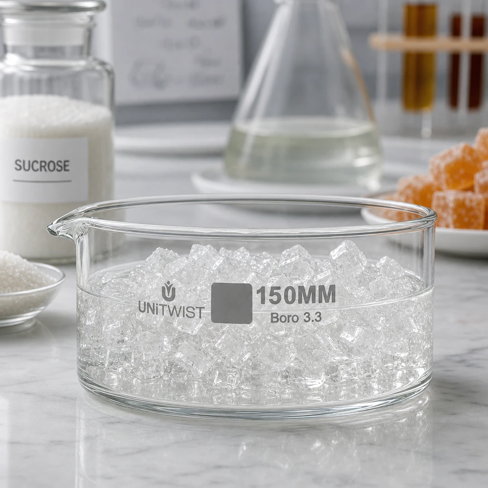 Piatto per cristallizzare ø150mm in vetro borosilicato UNiTWIST Vaschetta di cristallizzazione ø150 mm UNiTWIST Boro 3.3 con cristalli di zucchero (saccarosio) per uso di laboratorio