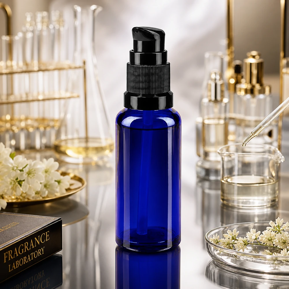 Flacone ApoGlas da 30 ml con pompa, di colore blu cobalto e dosatore nero, in ambiente di laboratorio