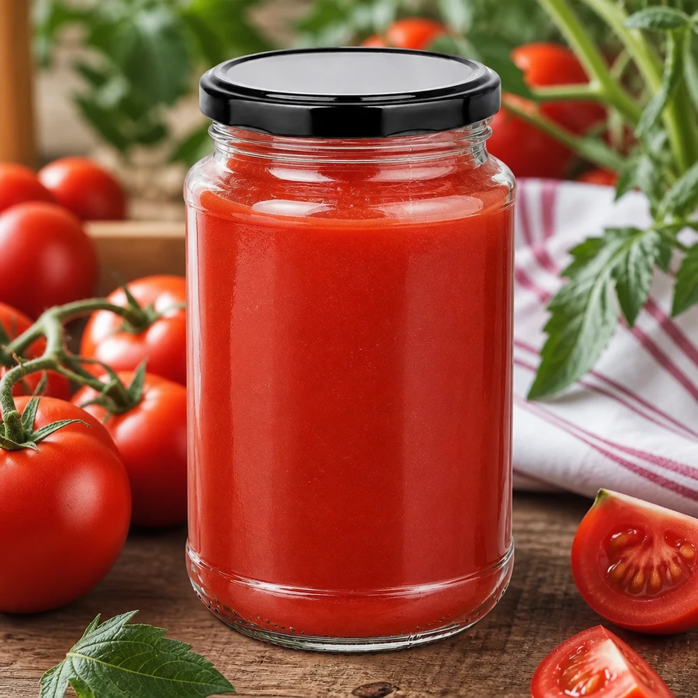 Vaso di vetro rotondo da 320 ml + BasicSeal nero UNiTWIST Barattolo da conservazione da 320 ml UNiTWIST BasicSeal nero con salsa di pomodoro fatta in casa accanto alle piante di pomodoro