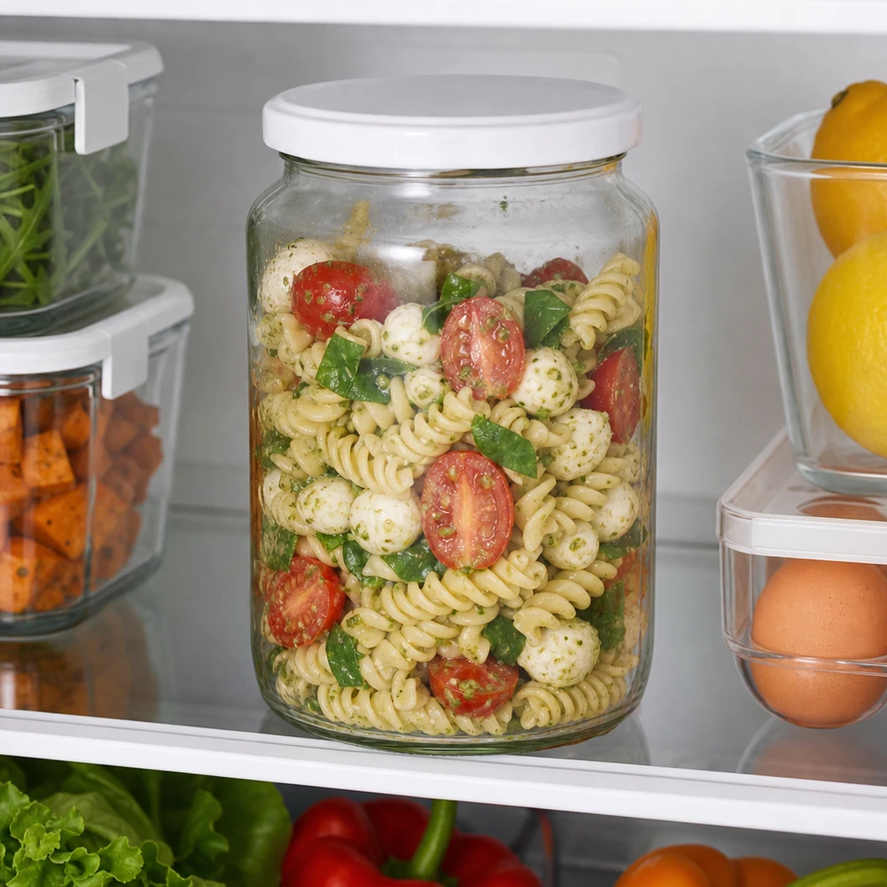 Barattolo rotondo da 795 ml con coperchio BasicSeal bianco UNiTWIST Il barattolo rotondo UNiTWIST da 795 ml come contenitore per la preparazione dei pasti nel frigorifero, riempito di insalata di pasta, mostra una perfetta conservazione della freschezza.
