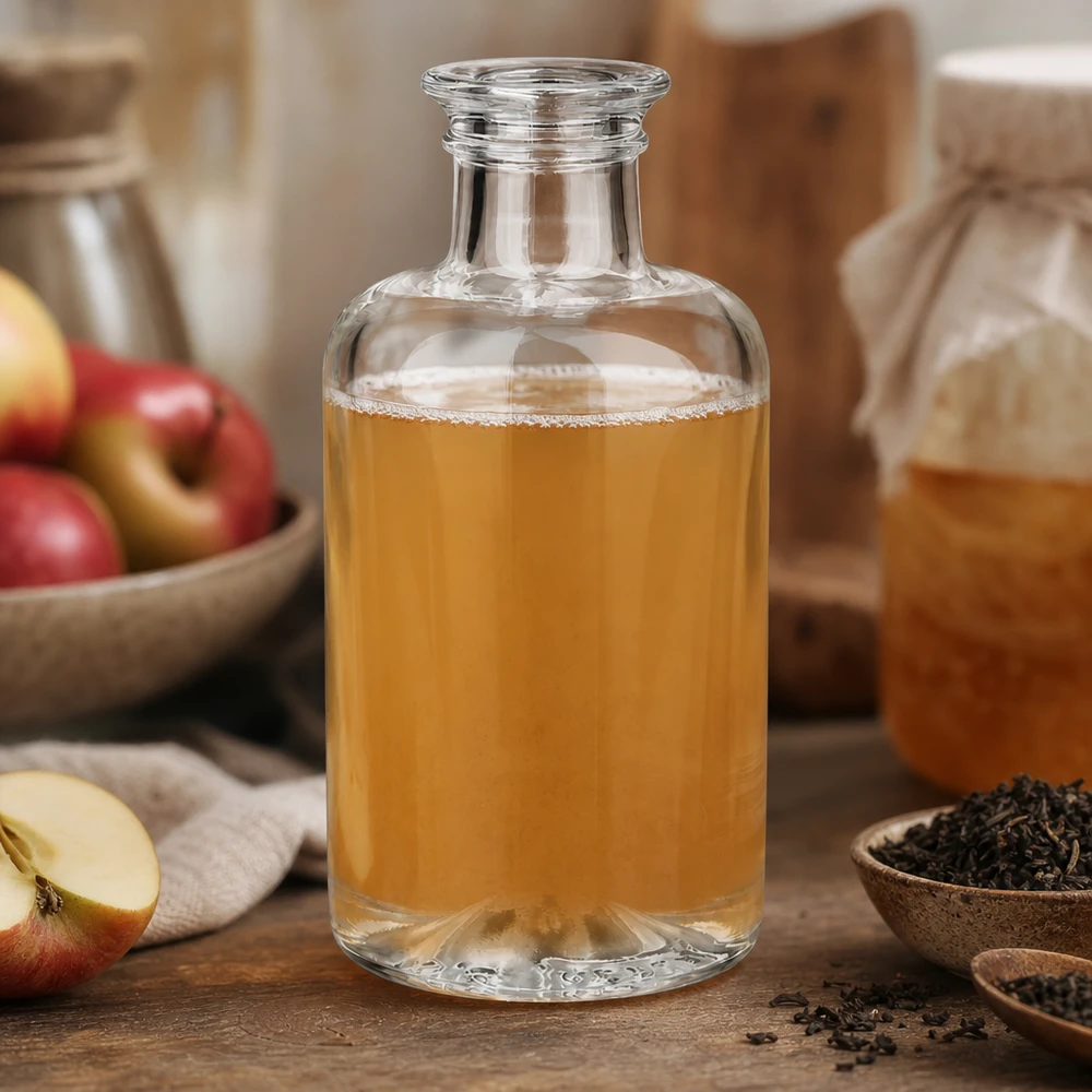 Bottiglia di vetro Sofia da 100 ml riempita di succo di mela accanto a mele fresche ed erbe da tè su un tavolo di legno naturale