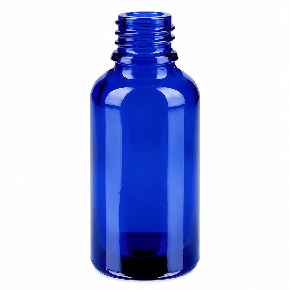 Bottiglia da 30ml 11mm SV rosso OV BlueLine UT18/30 Il flacone in vetro blu cobalto da 30 ml con tappo a vite protegge in modo ottimale il contenuto dai raggi UV.
