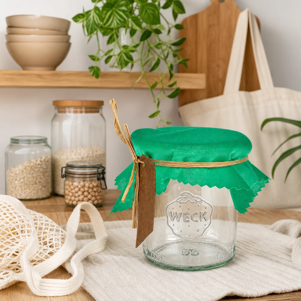 Centrino decorativo verde 12cm quadrato su vaso WECK in cucina sostenibile a spreco zero con contenitori e sacchetto di juta