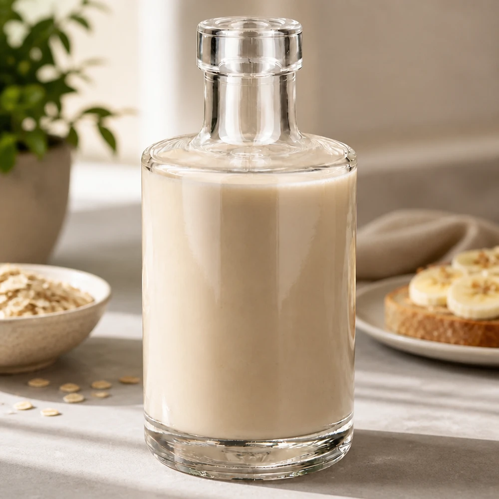 Bottiglia in vetro da 200 ml Marie senza tappo UNiTWIST® Bottiglia di vetro Marie 200ml riempita di latte d'avena Scena di cucina in stile di vita con fiocchi d'avena e pane Applicazione