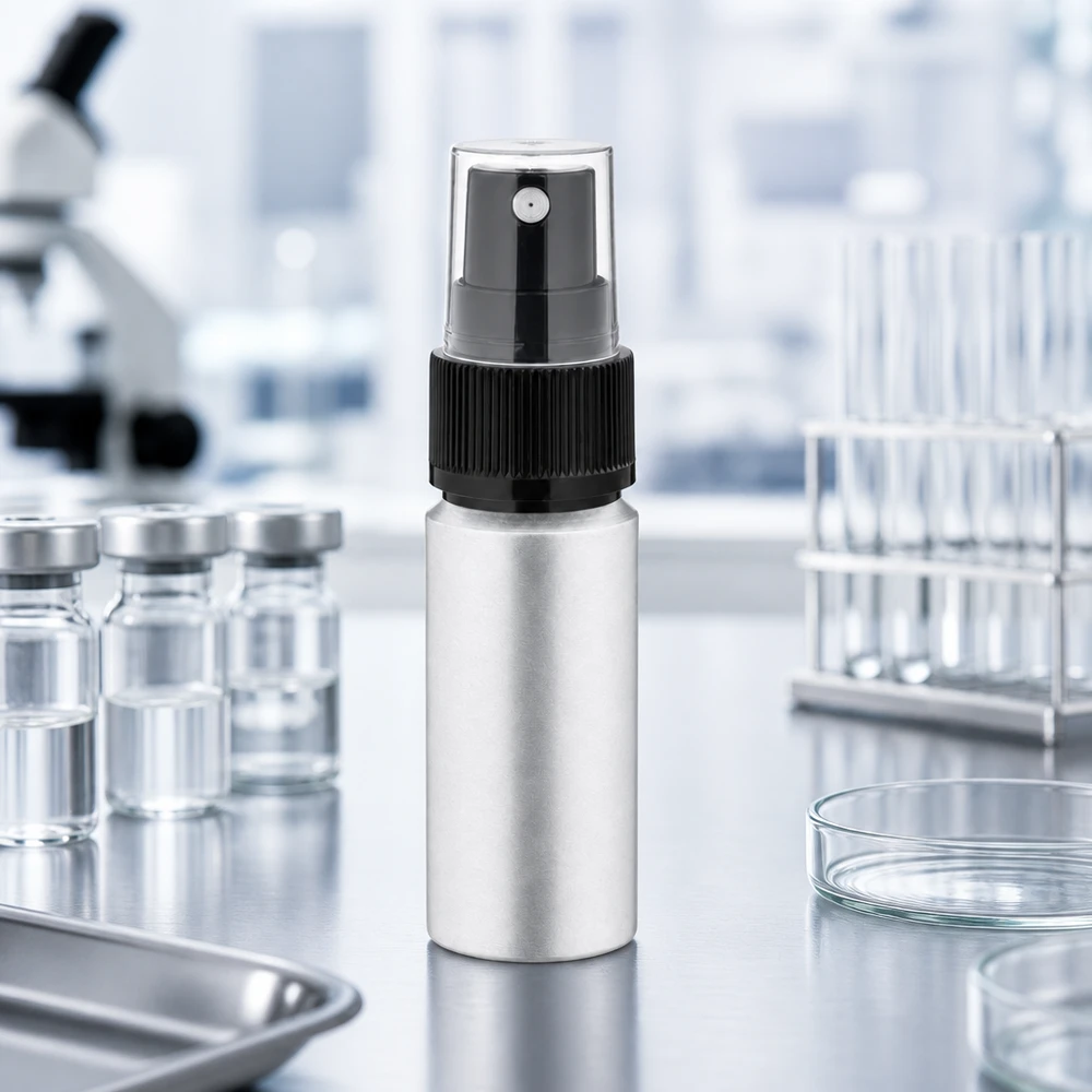 Flacone ricaricabile in alluminio da 20 ml con spruzzatore a pompa per l'applicazione di cosmetici ecocompatibili