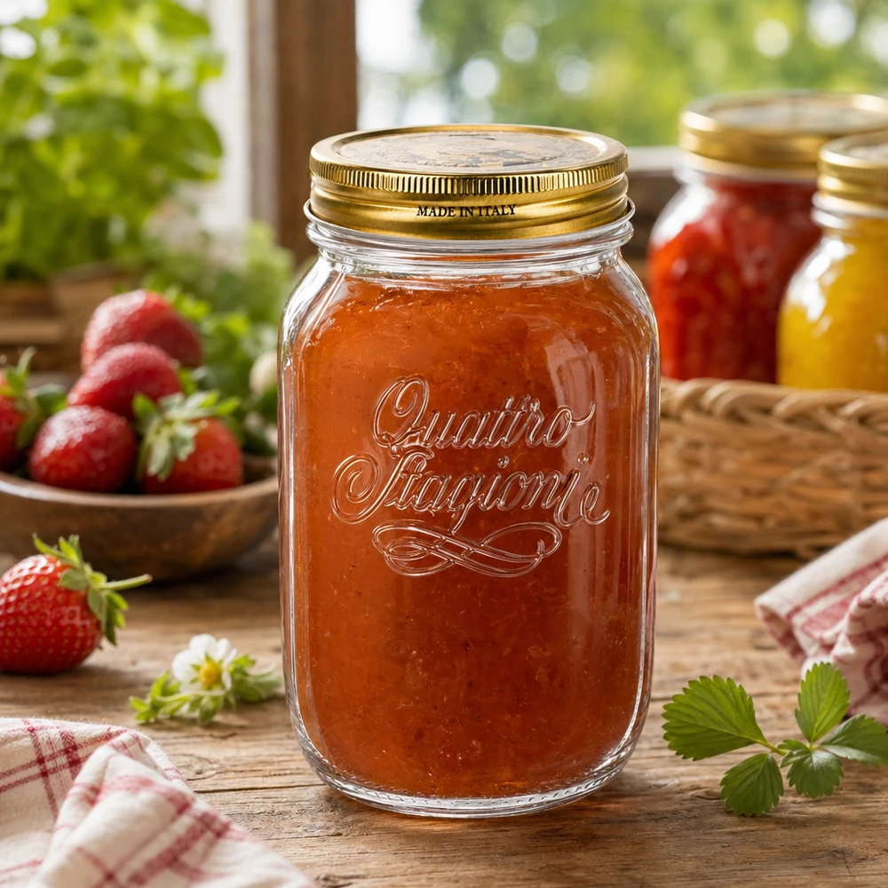 Barattolo rotondo "Quattro Stagioni" da 1000 ml con coperchio Barattolo Quattro Stagioni da 1000 ml pieno di marmellata di fragole fatta in casa su un tavolo rustico di legno Barattolo da conserva italiano