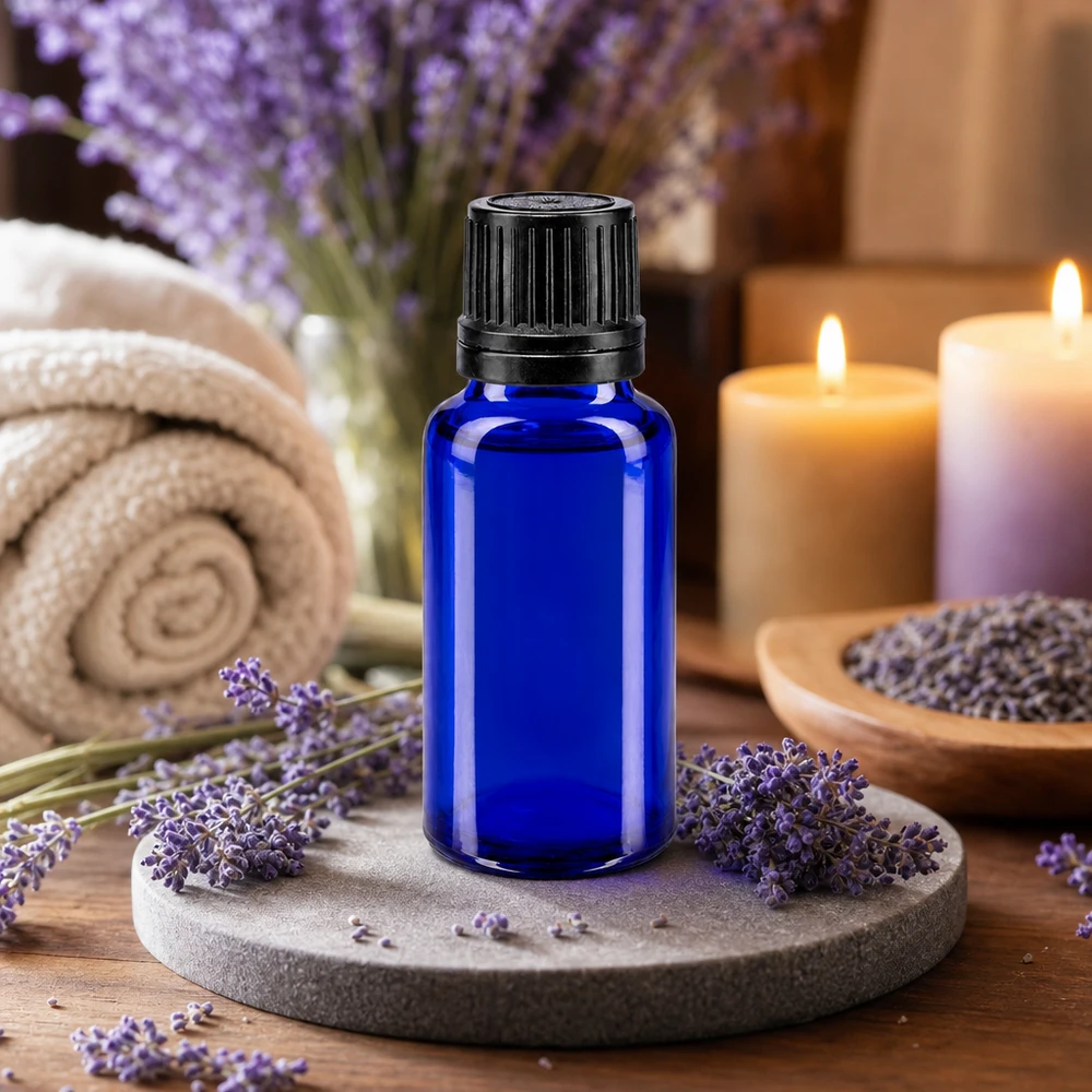 Piccolo flacone contagocce da 20 ml in vetro da farmacia blu cobalto con tappo OV nero a prova di bambino