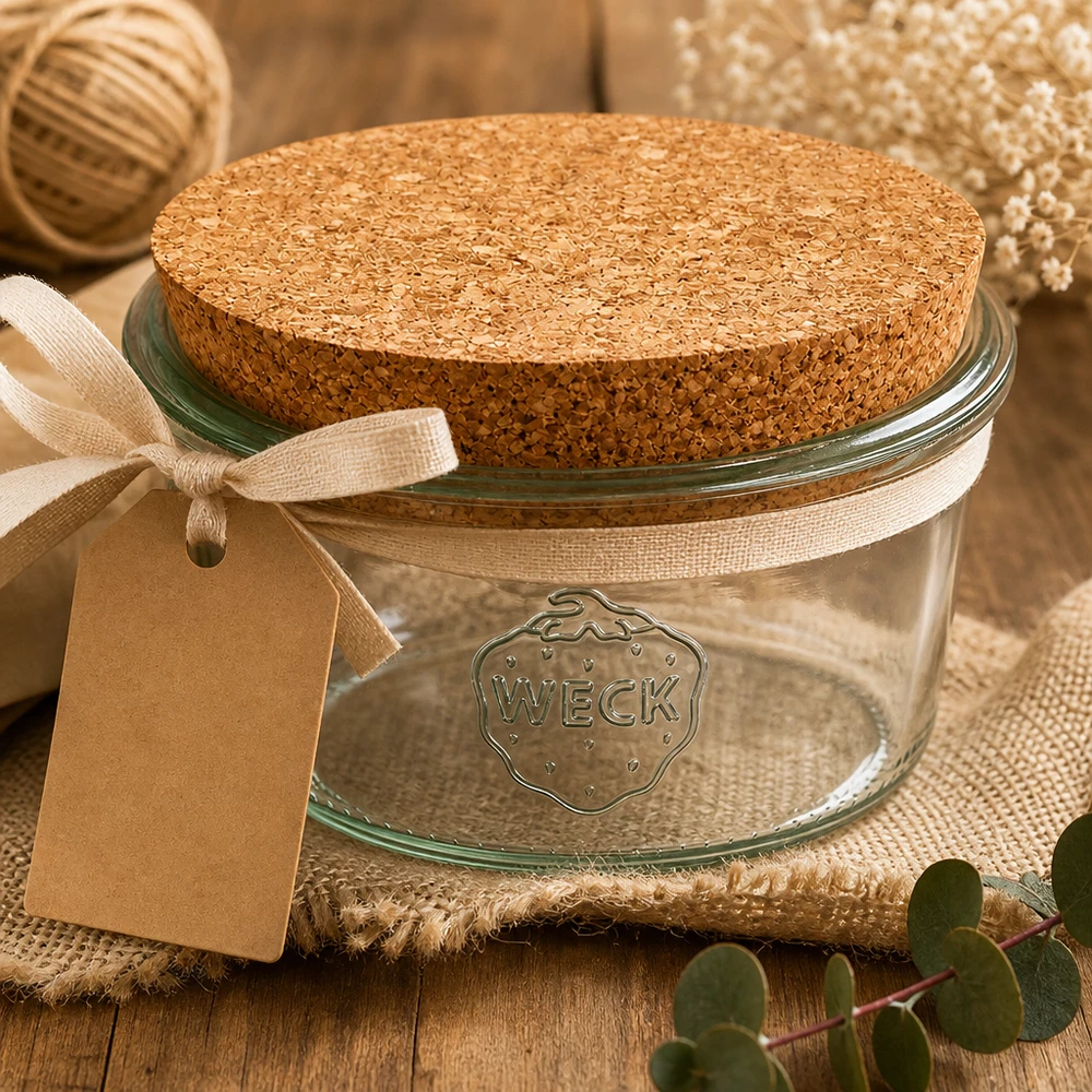 Bicchieri da 165 ml WECK RR80 con tappo in sughero naturale WECK Sturzglas 165ml RR80 mit Korken im rustikalen Dekor mit Geschenkanhänger natürliche Aufbewahrung