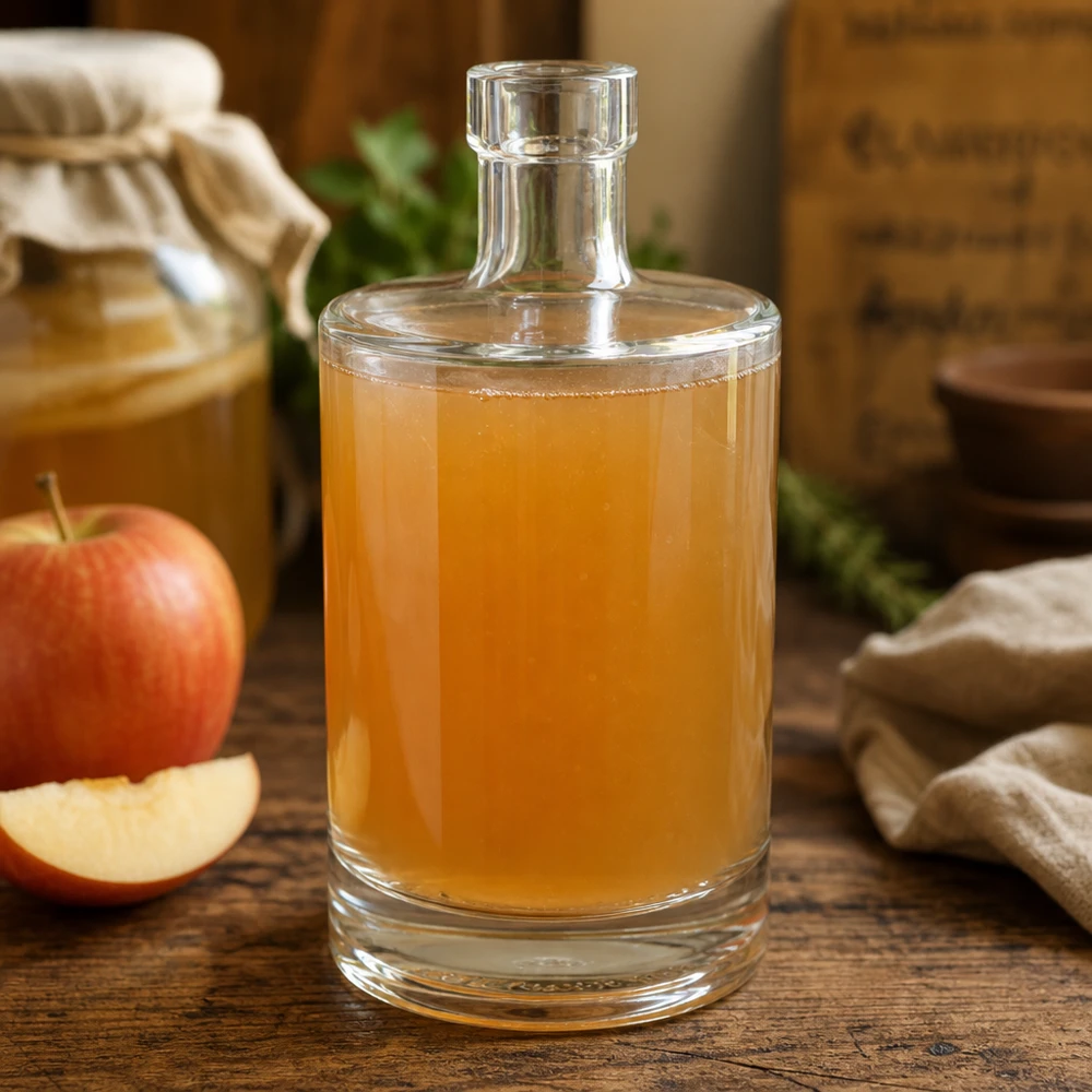 Bottiglia in vetro da 500 ml Marie senza tappo UNiTWIST® Bottiglia di vetro da 500 ml Marie riempita di sidro di mele accanto a mele fresche mostra l'uso versatile per i succhi fatti in casa