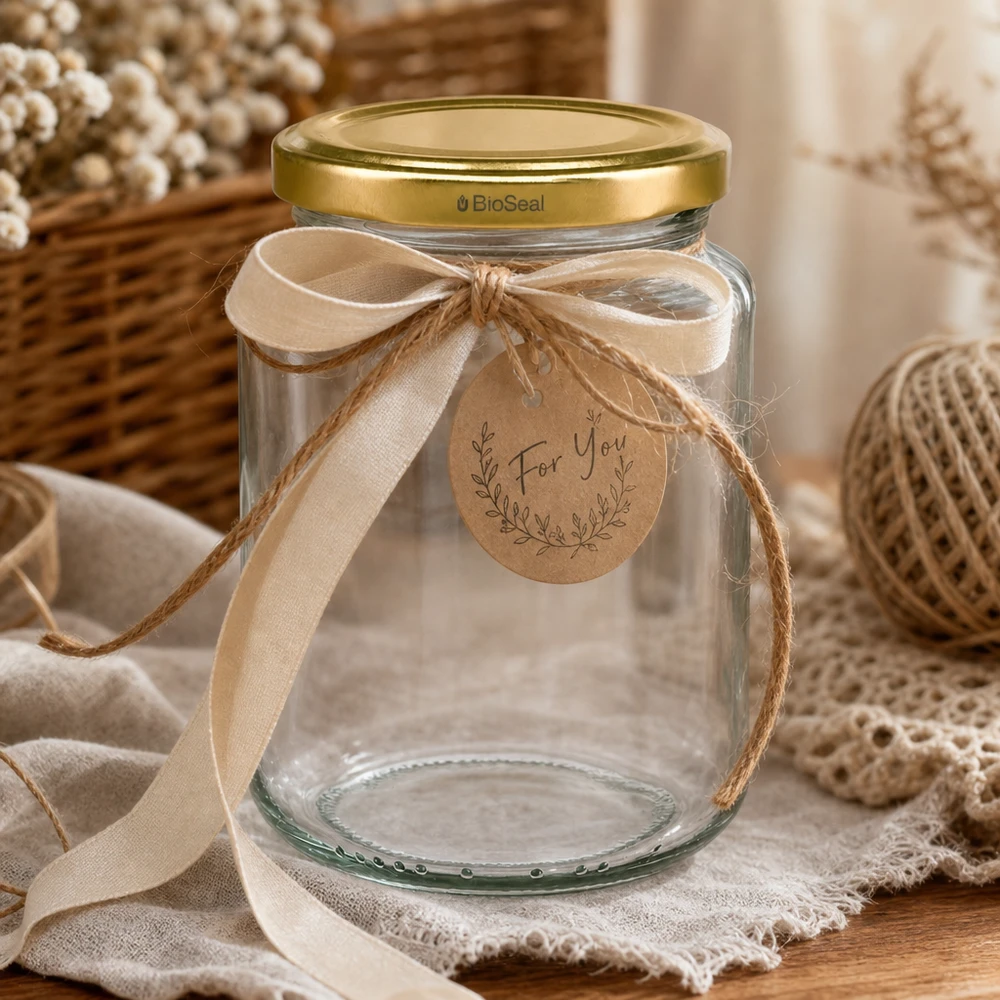 UNiTWIST Runda382 con coperchio dorato TO66 BioSeal UNiTWIST Runda382 confezione regalo con fiocco e cartellino, coperchio dorato TO66 BioSeal, barattolo decorativo per conserve
