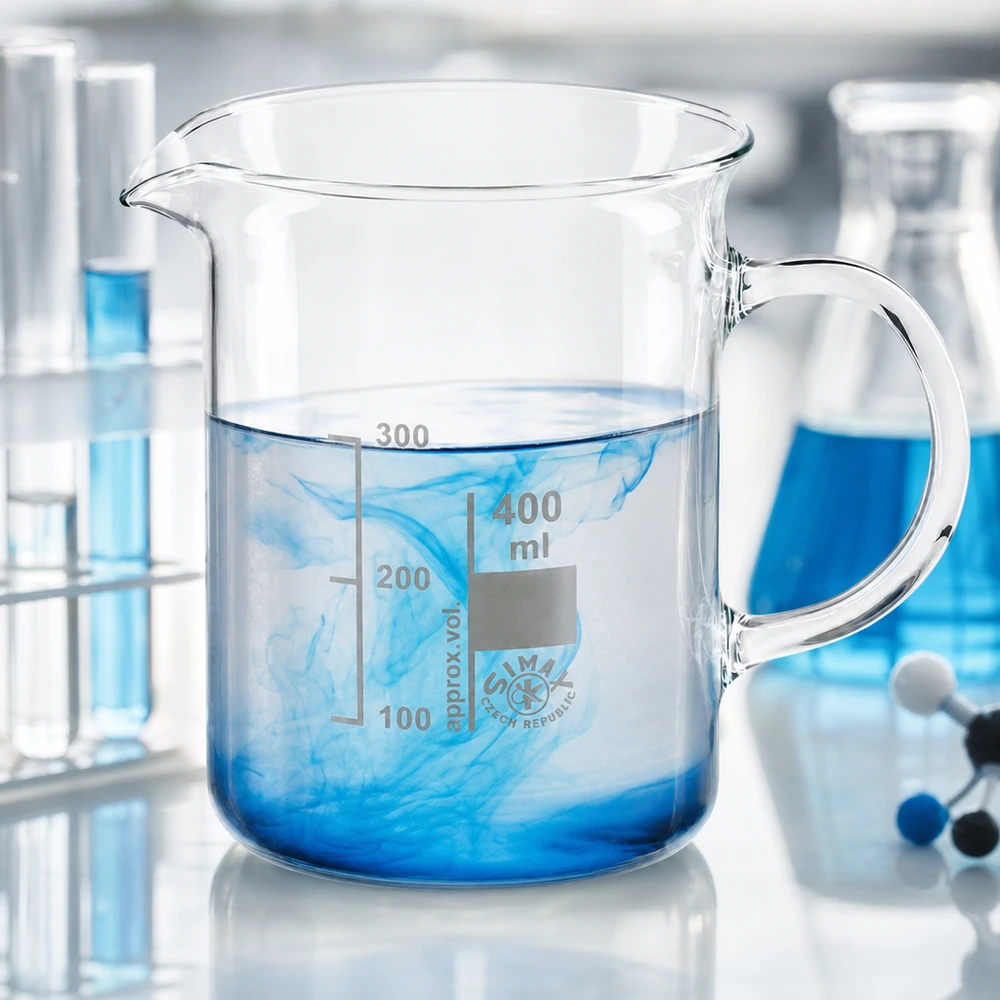 Bicchiere da laboratorio da 400 ml con manico; il colorante blu si scioglie in acqua; vetro borosilicato; attrezzatura da laboratorio